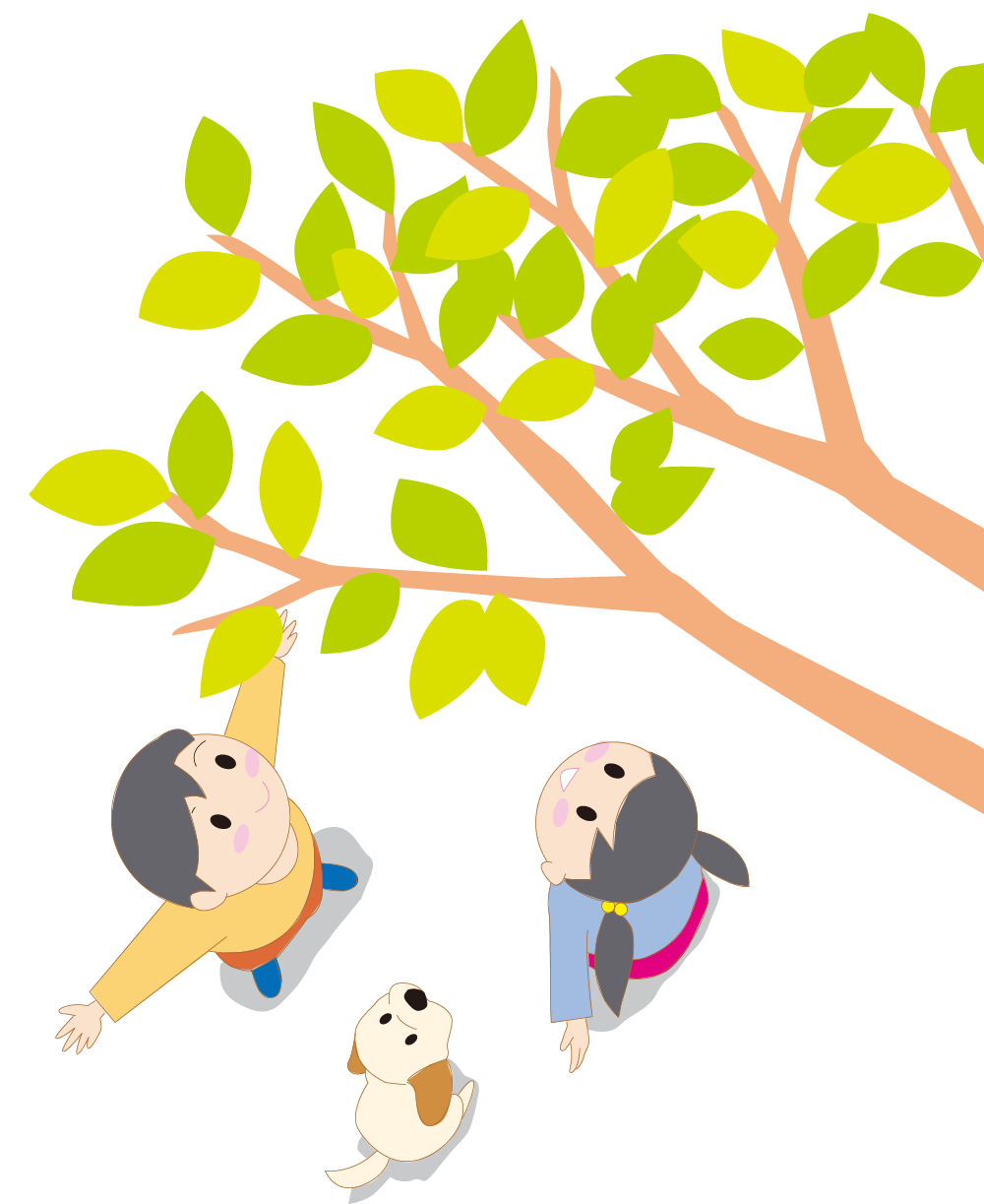 木を見上げる子どもたちと犬のイラスト